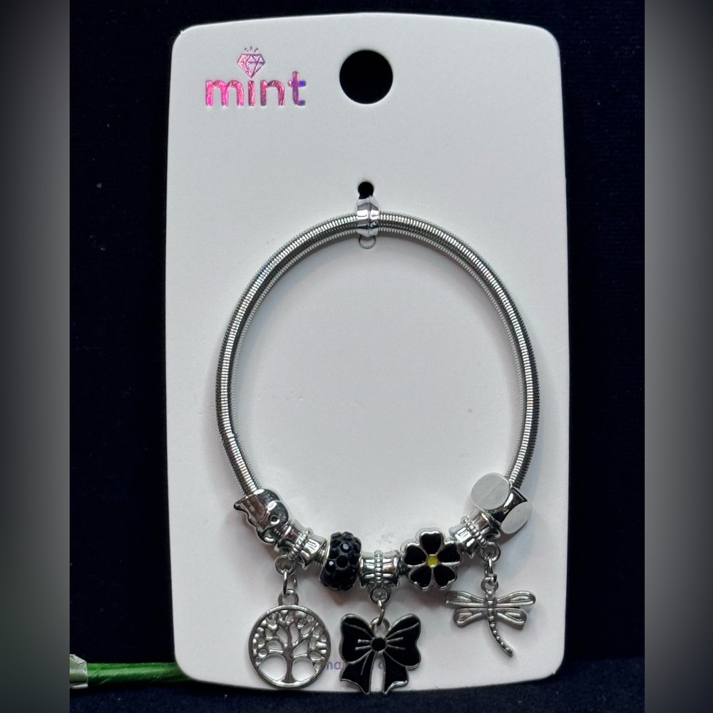 Mint Silver Tone Sparkling Charm Stretch Bracelet Black Bow
